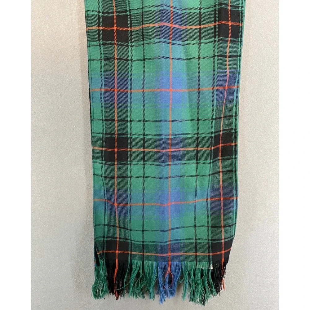 Lochcarron Scotland Scarf Green Blue Orange Tartan Plaid 100% Pure Wool Fringe